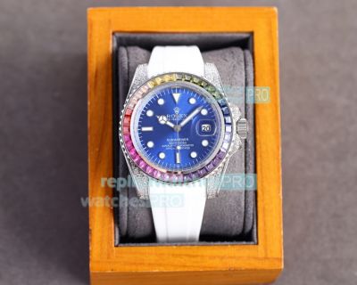 Replica Rolex Submariner Rubber Strap Blue Face Rainbow Bezel Watch 40mm